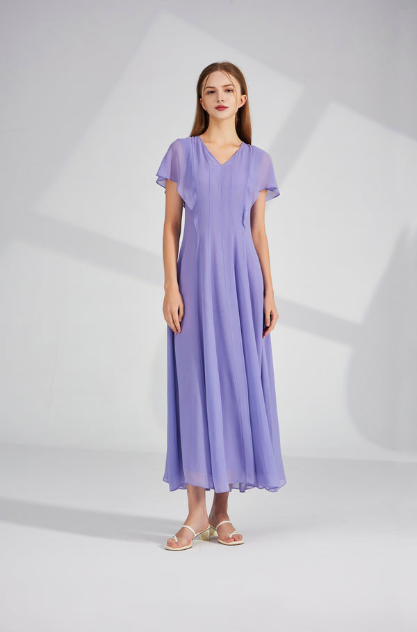 Double layer georgette purple V-neck ruffled short-sleeved mulberry silk elegant Big skirt